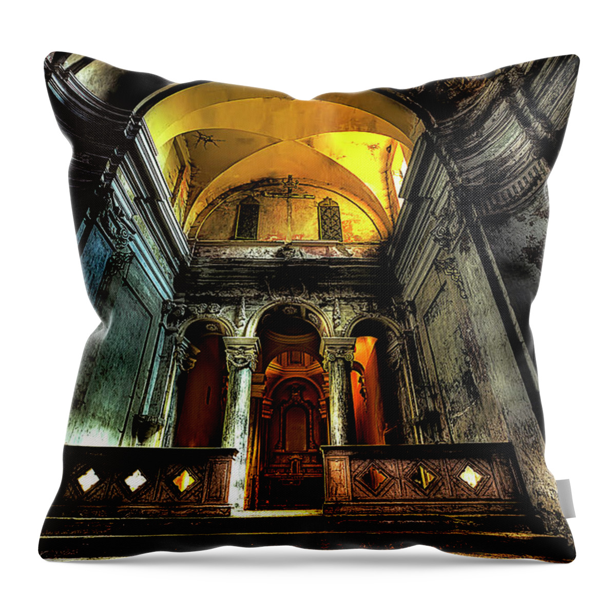 Chiesa Abbandonata Throw Pillow featuring the photograph THE YELLOW LIGHT CHURCH 1 - La chiesa della luce gialla 1 by Enrico Pelos