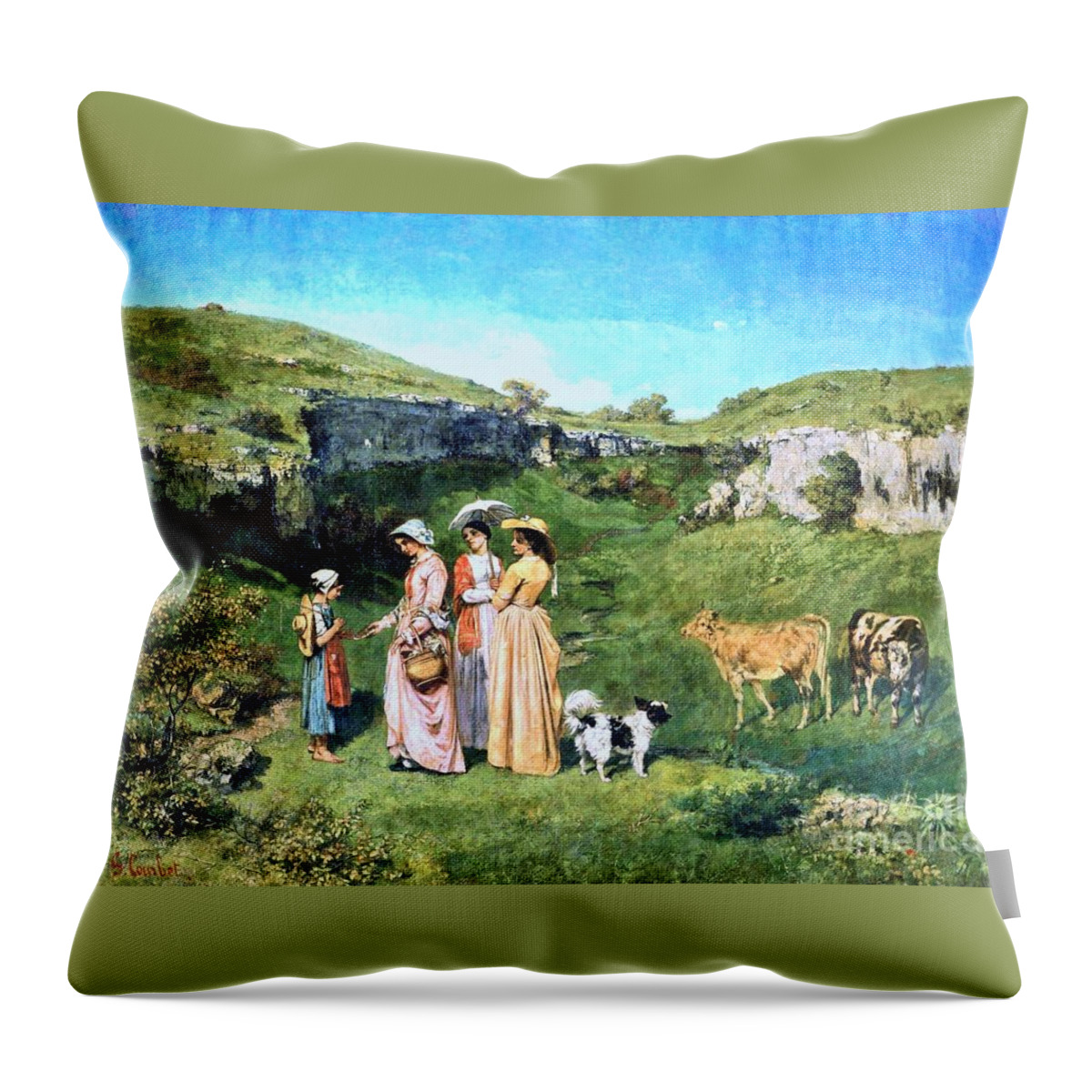 Gustave Courbet - The Young Ladies Of The Village 1851-52 Throw Pillow featuring the painting The Young Ladies of the Village by MotionAge Designs