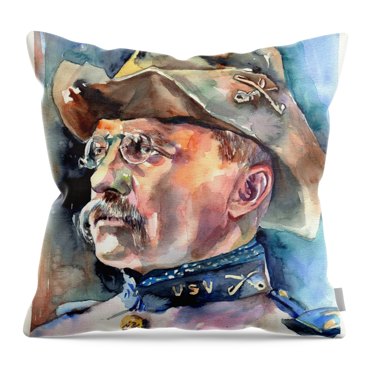 Theodore Roosevelt Throw Pillow featuring the painting Theodore Roosevelt portrait watercolor by Suzann Sines