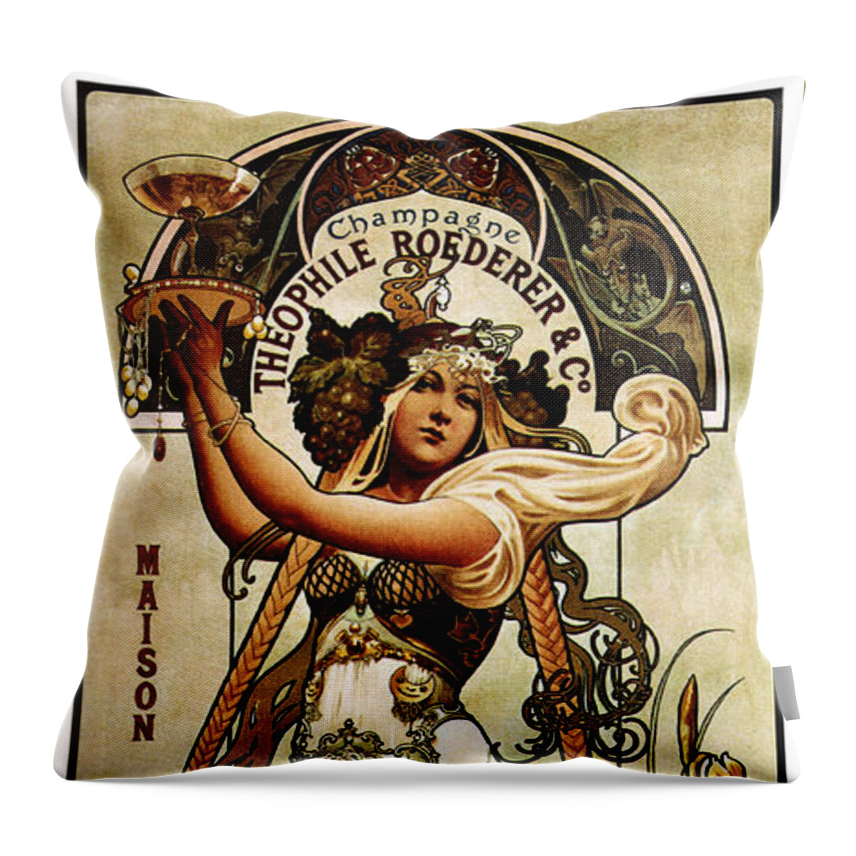 Theophile Roederer Throw Pillow featuring the mixed media Theophile Roederer - Champagne - Vintage Art Nouveau Advertising Poster by Studio Grafiikka