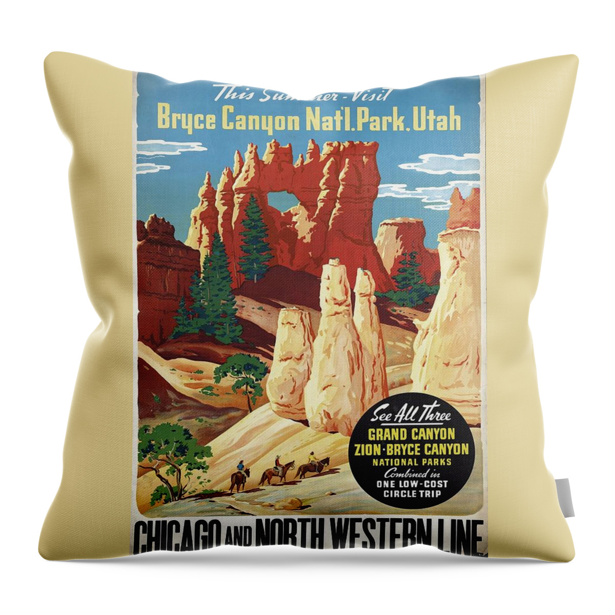 Bryce Canyon Throw Pillow featuring the mixed media This Summer - Visit Bryce Canyon National Par, Utah, USA - Retro travel Poster - Vintage Poster by Studio Grafiikka