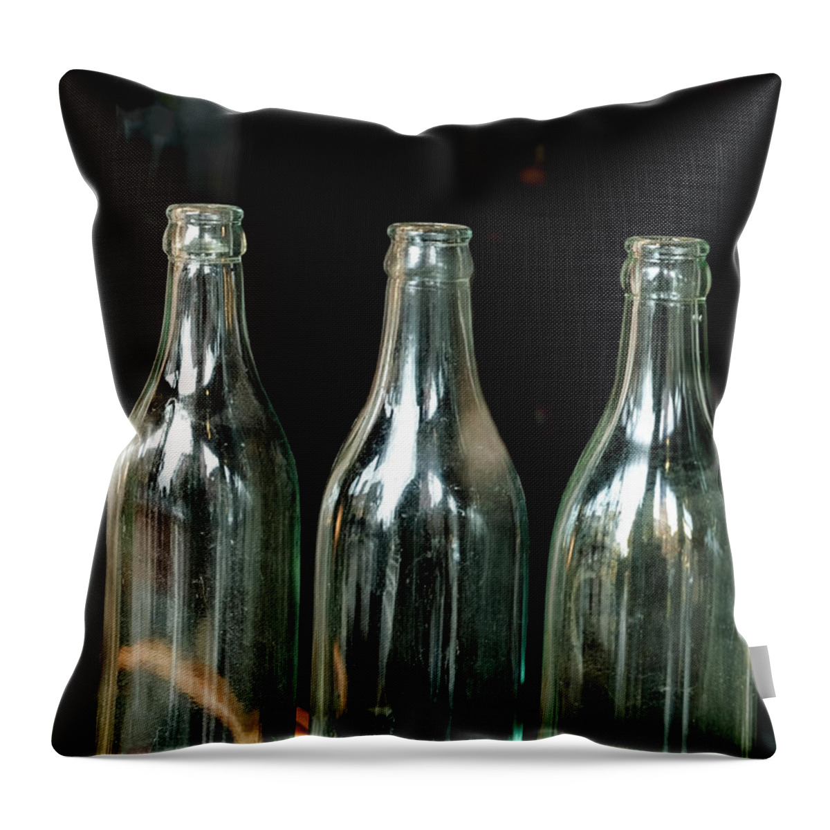 Whetstone Brook Throw Pillow featuring the photograph Three Bottles by Tom Singleton