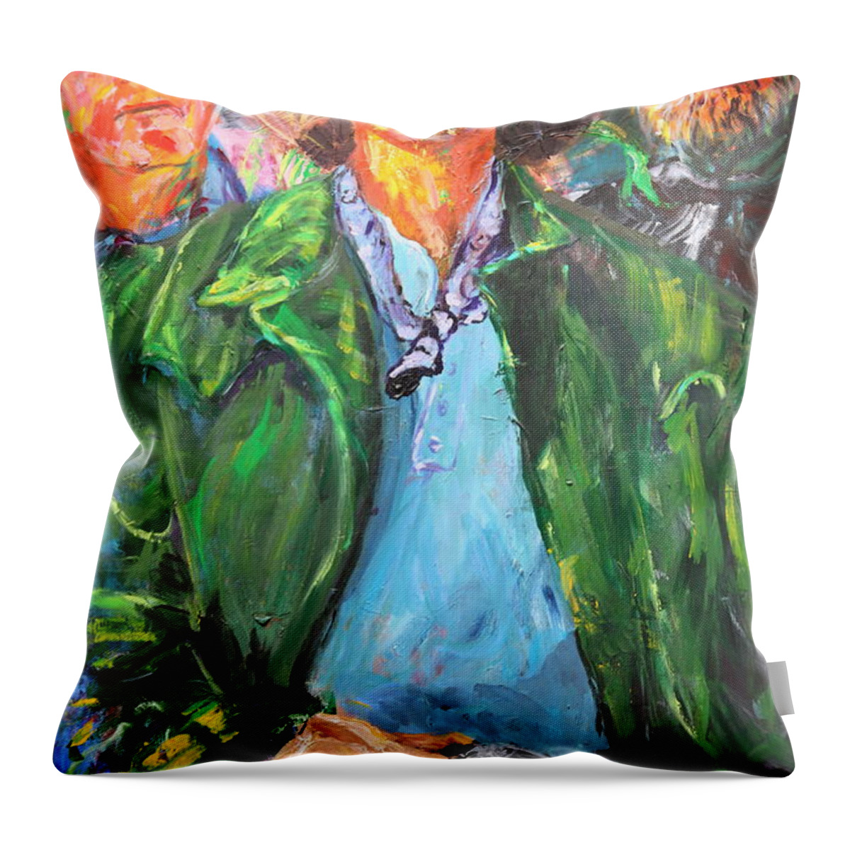 Portraits Throw Pillow featuring the painting Three Cowboys and a gun by Madeleine Shulman