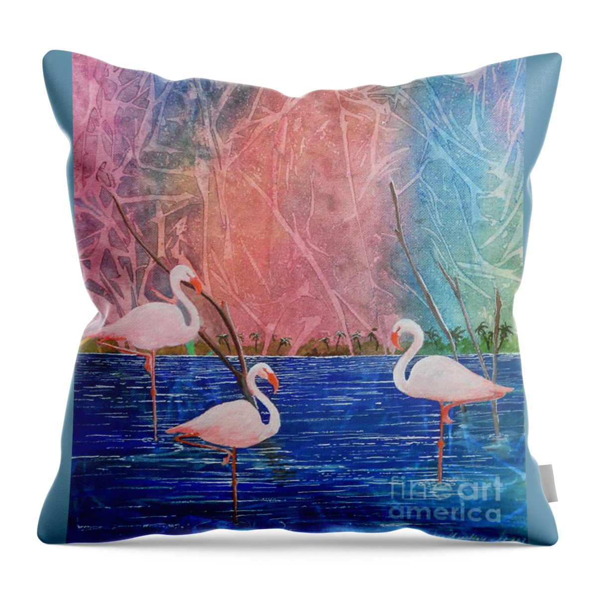Flamingos Throw Pillow featuring the painting Three Pink Flamingos by Jackie Mueller-Jones