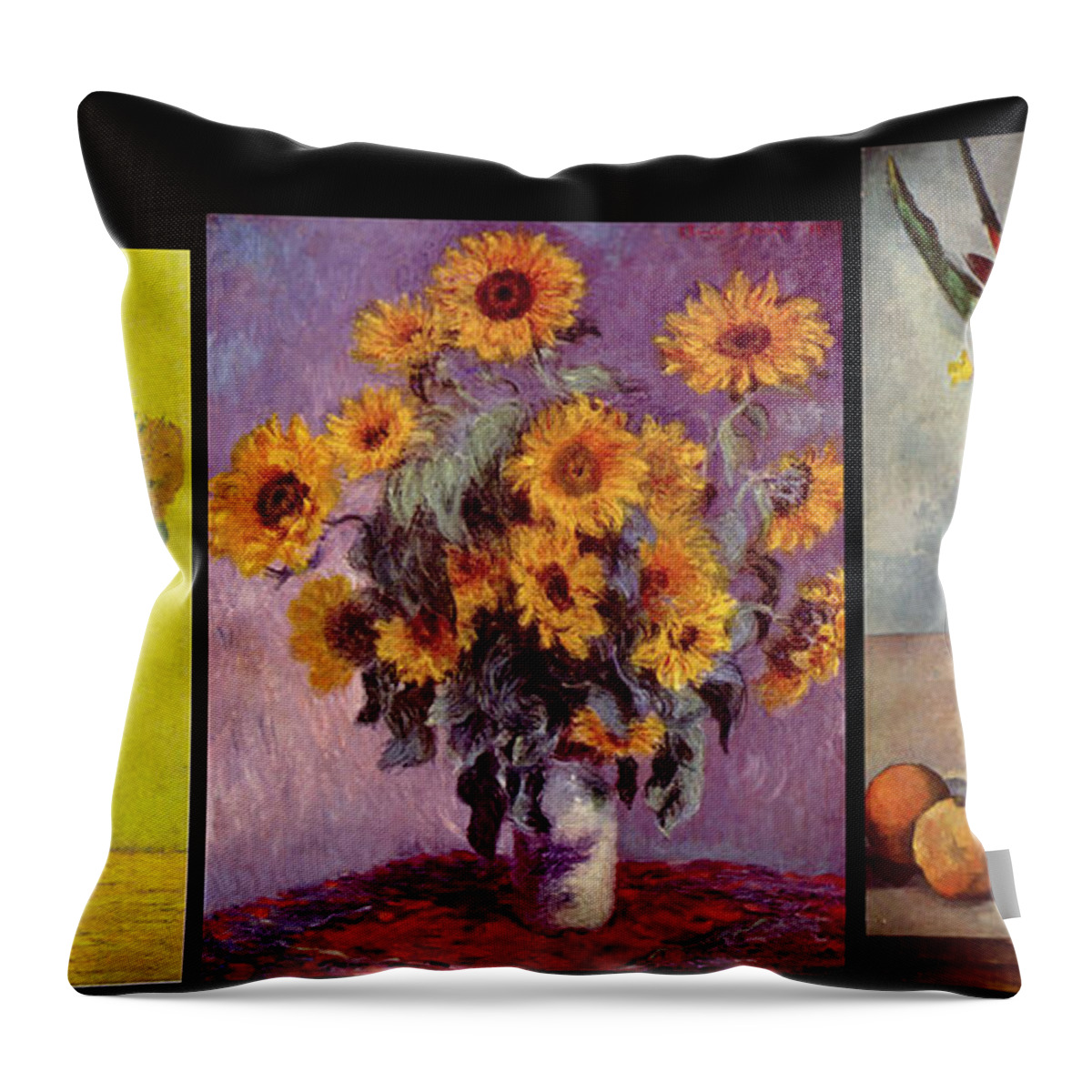 Abstract In The Living Room Throw Pillow featuring the digital art Three Vases van Gogh - Monet - Cezanne by David Bridburg