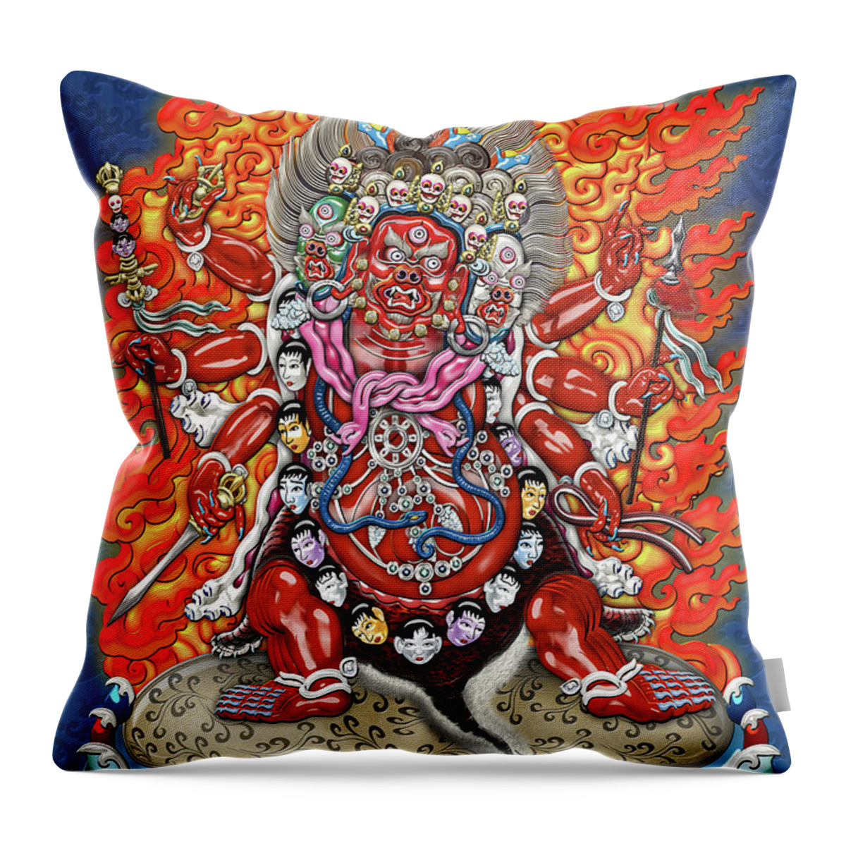 'treasures Of Tibet' Collection By Serge Averbukh Throw Pillow featuring the digital art Tibetan Thangka - Wrathful Deity Hayagriva by Serge Averbukh