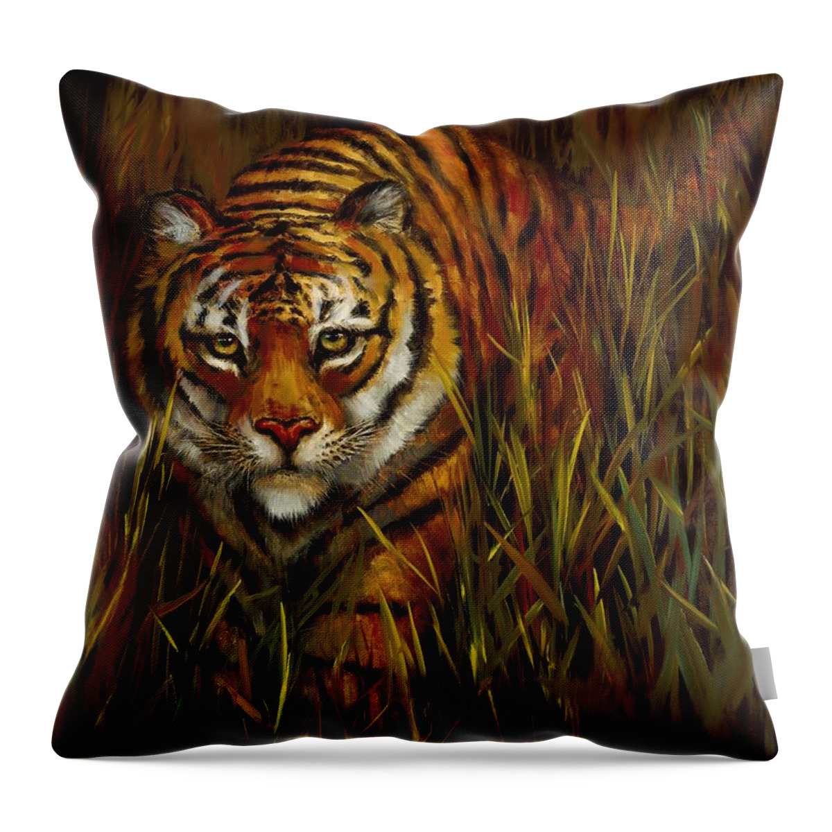 Tiger Throw Pillow featuring the painting Quietly Waiting by Lynne Pittard