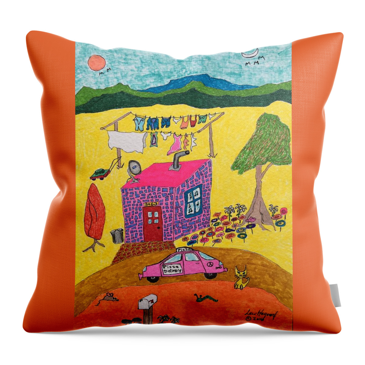  Throw Pillow featuring the painting Tiny House with Clothesline by Lew Hagood