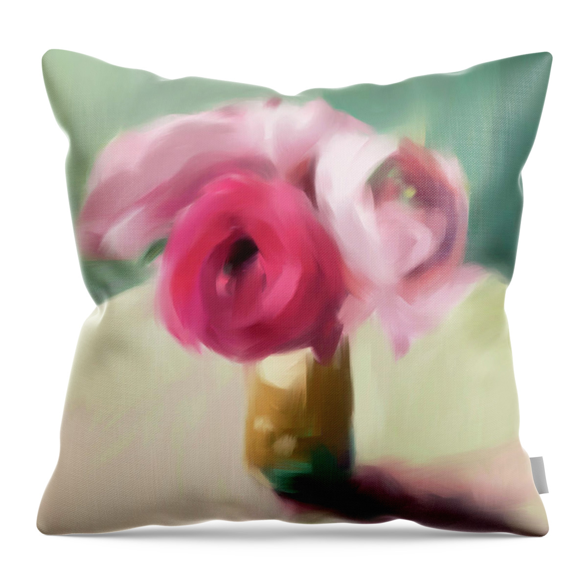 Floral Throw Pillow featuring the painting Tiny Pink Ranunculus Floral Art by Beverly Brown