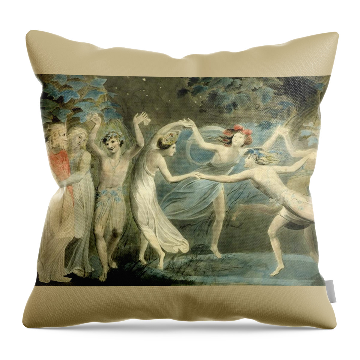 William Blake 1757–1827  Oberon Throw Pillow featuring the painting Titania and Puck with Fairies Dancing by William Blake
