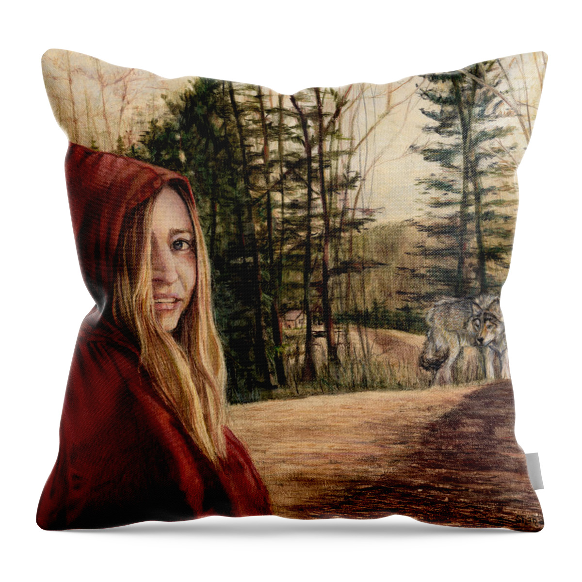 Little Red Riding Hood Throw Pillow featuring the drawing To Grandmother's House We Go by Shana Rowe Jackson