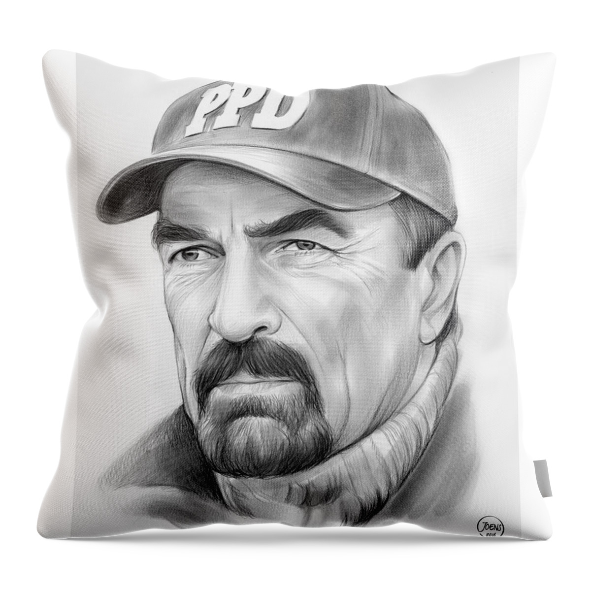 Tom Selleck Throw Pillow featuring the drawing Tom Selleck by Greg Joens