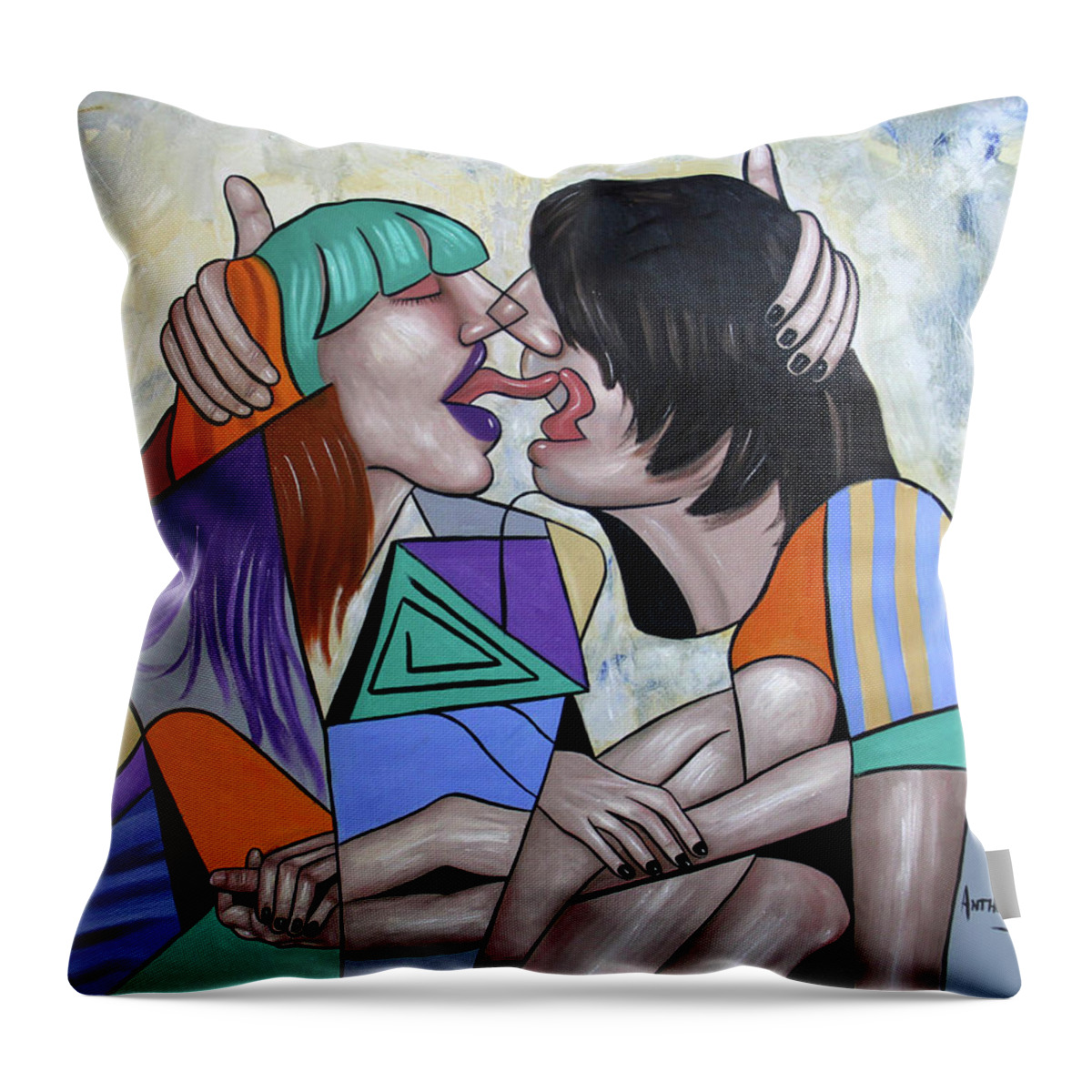 Abstract Throw Pillow featuring the painting Tongue Aerobics by Anthony Falbo