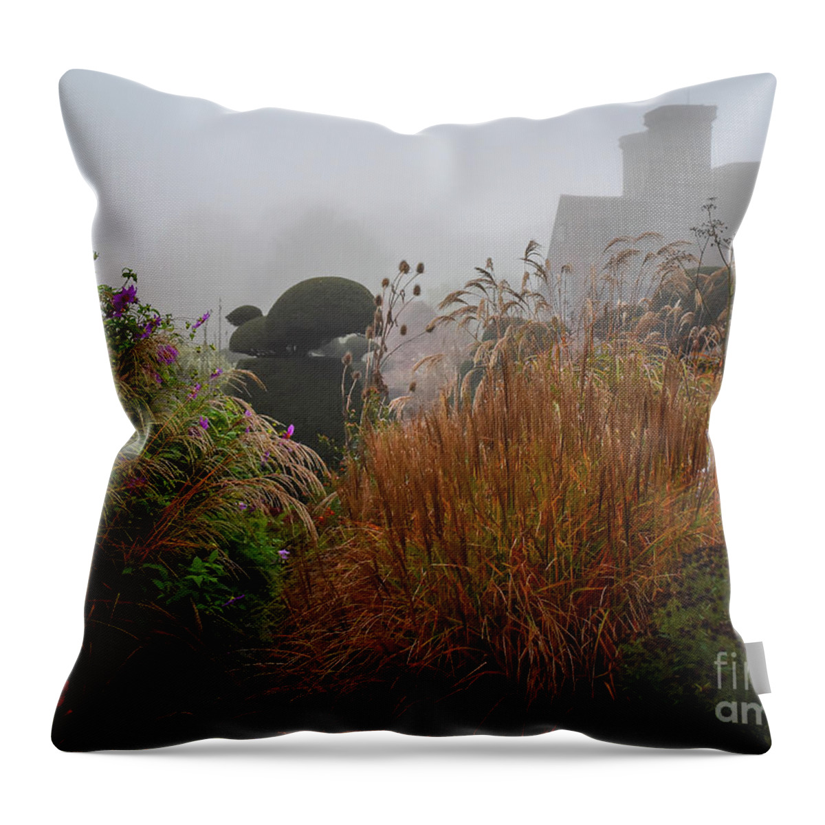 Topiary Throw Pillow featuring the photograph Topiary Peacocks in the Autumn Mist, Great Dixter 2 by Perry Rodriguez