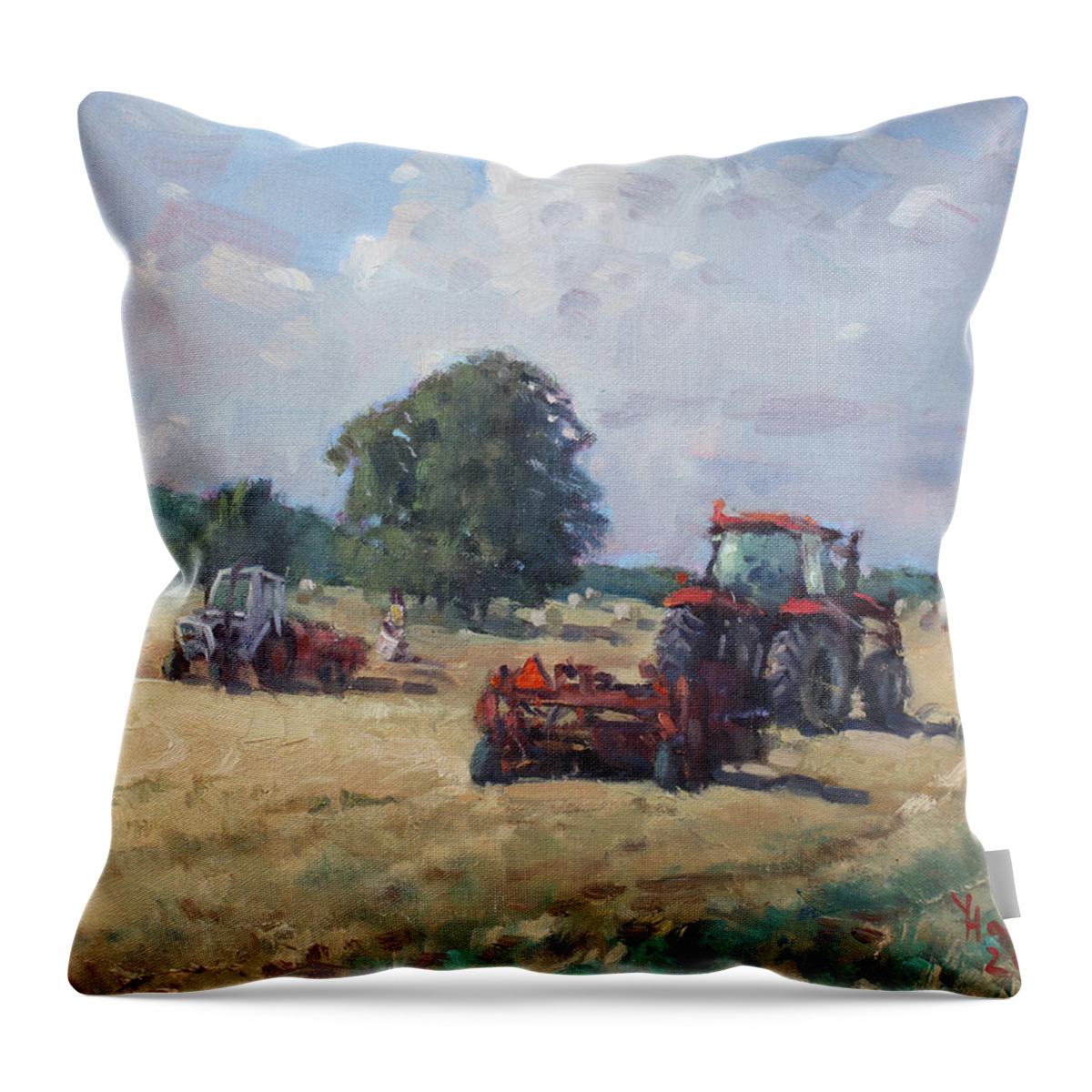 Tractors Throw Pillow featuring the painting Tractors in the Farm Georgetown by Ylli Haruni