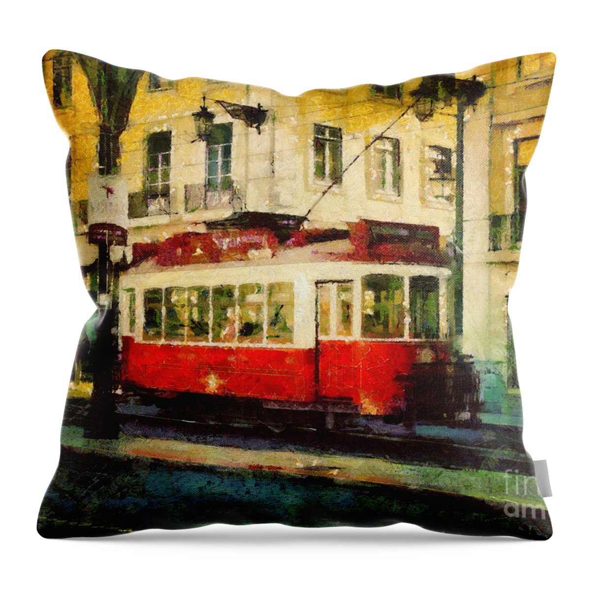 Painting Throw Pillow featuring the painting Tram in Lisbon by Dimitar Hristov