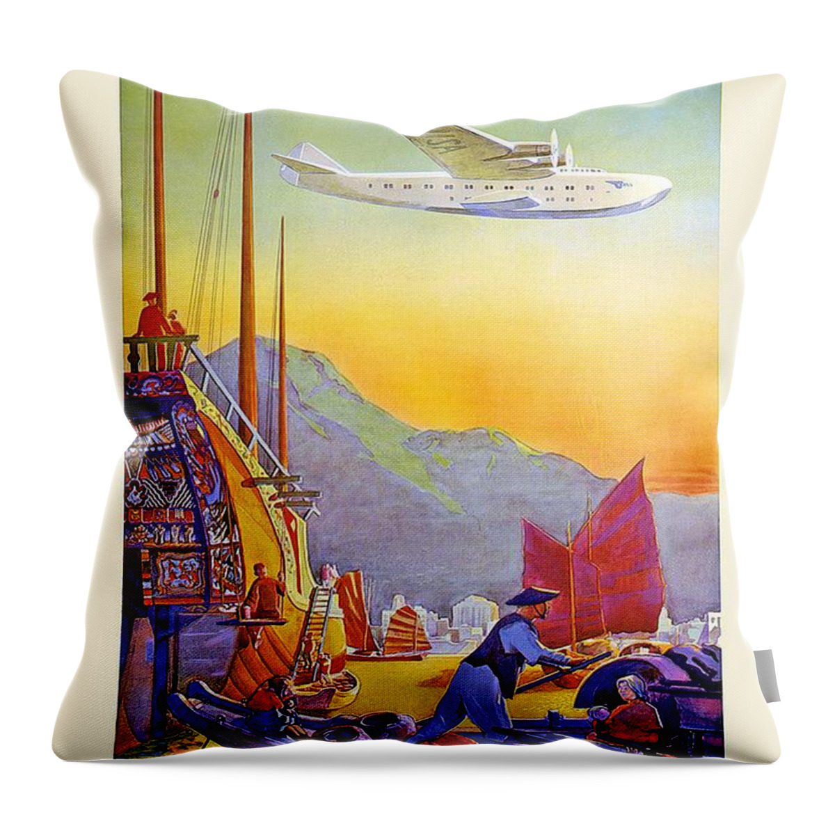 Transpacific Flight Throw Pillow featuring the painting Transpacific Flight - Pan American Airways - Vintage Advertising Poster by Studio Grafiikka