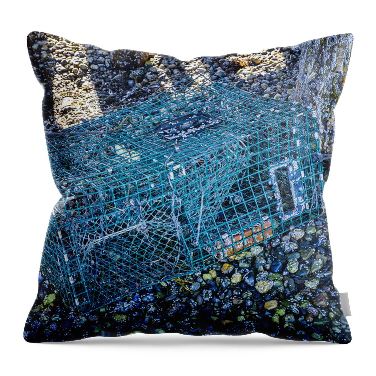 Maine Lobster Boats Throw Pillow featuring the photograph Trap And Barnacles by Tom Singleton
