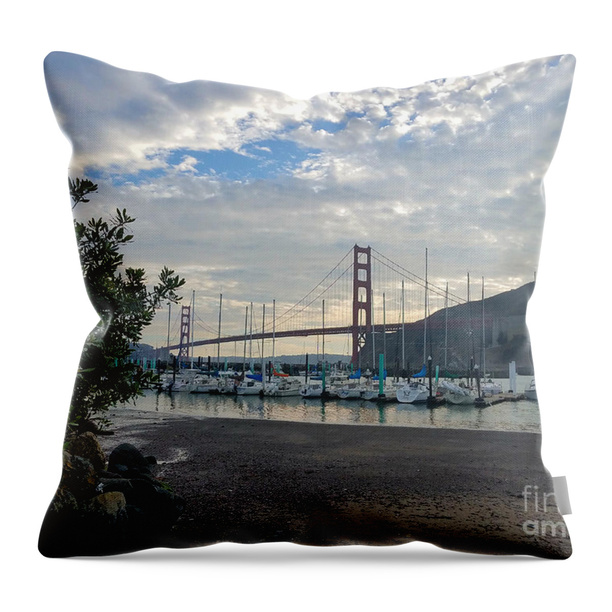 Travis Marina Throw Pillow featuring the photograph Travis Marina Golden Gate Bridge by Artist Linda Marie