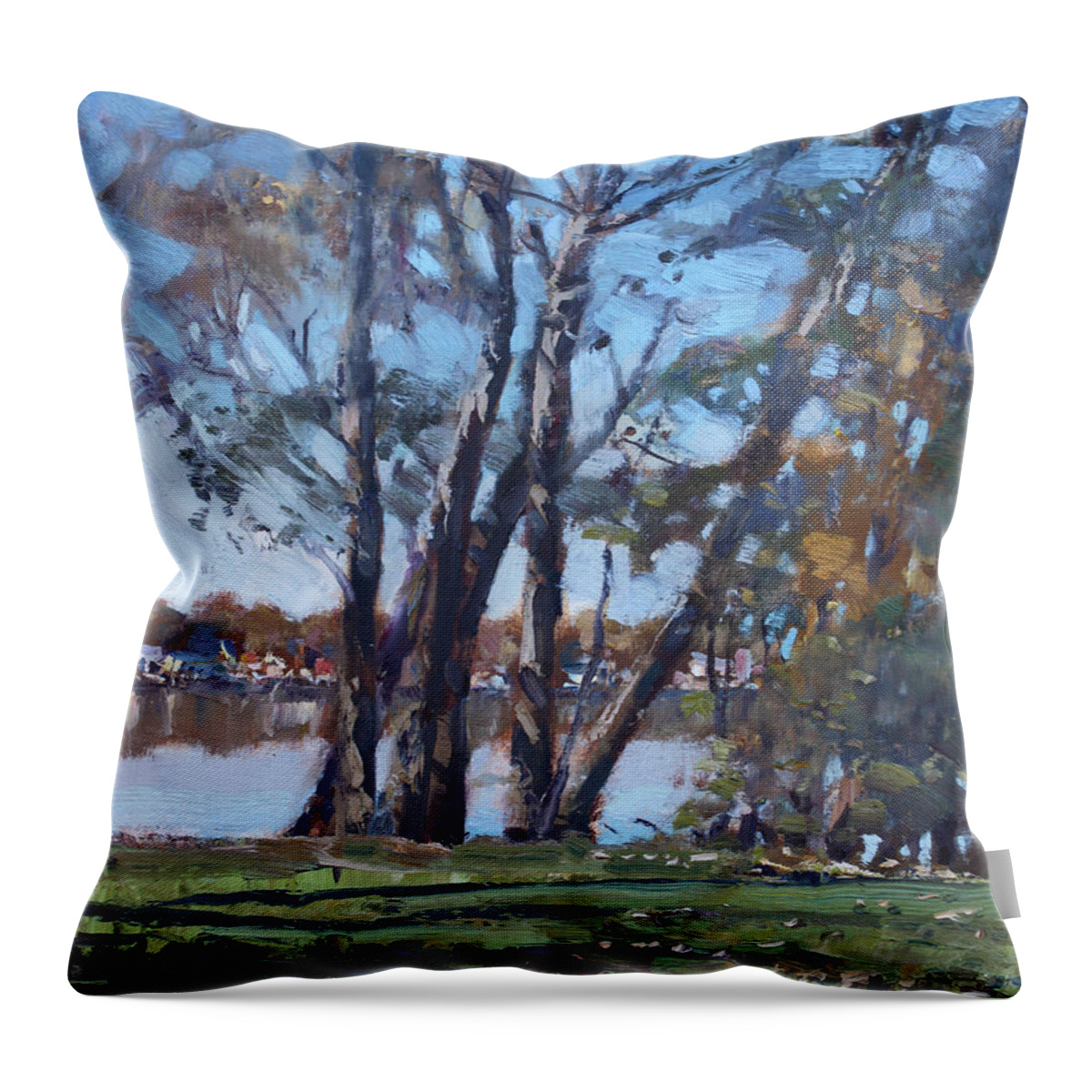 Trees Throw Pillow featuring the painting Trees by the River by Ylli Haruni