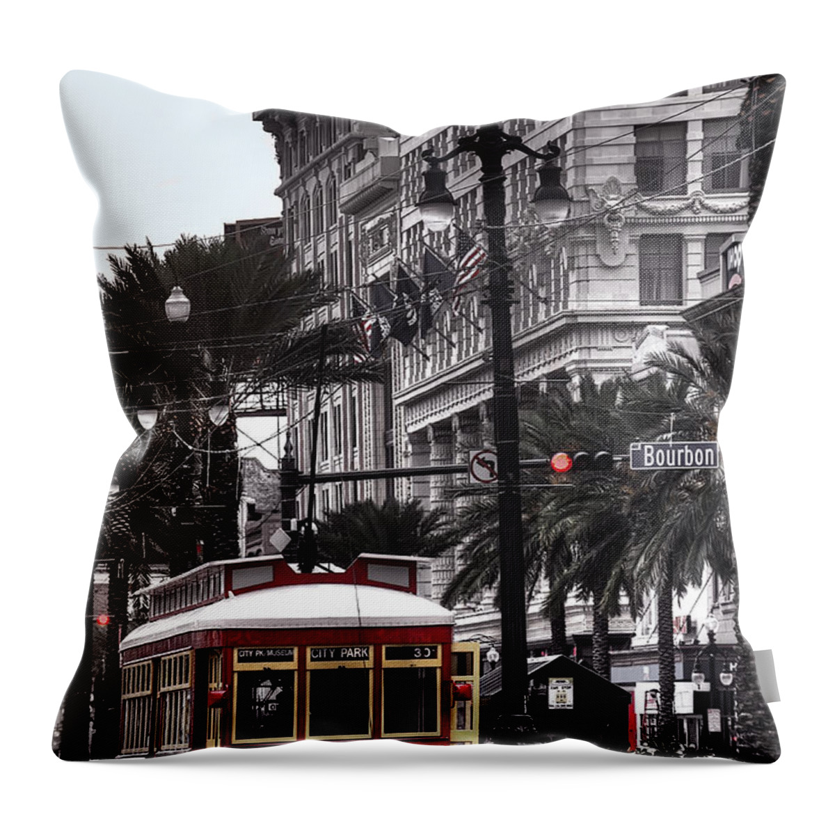 Nola Throw Pillow featuring the photograph Trolley on Bourbon and Canal by Tammy Wetzel