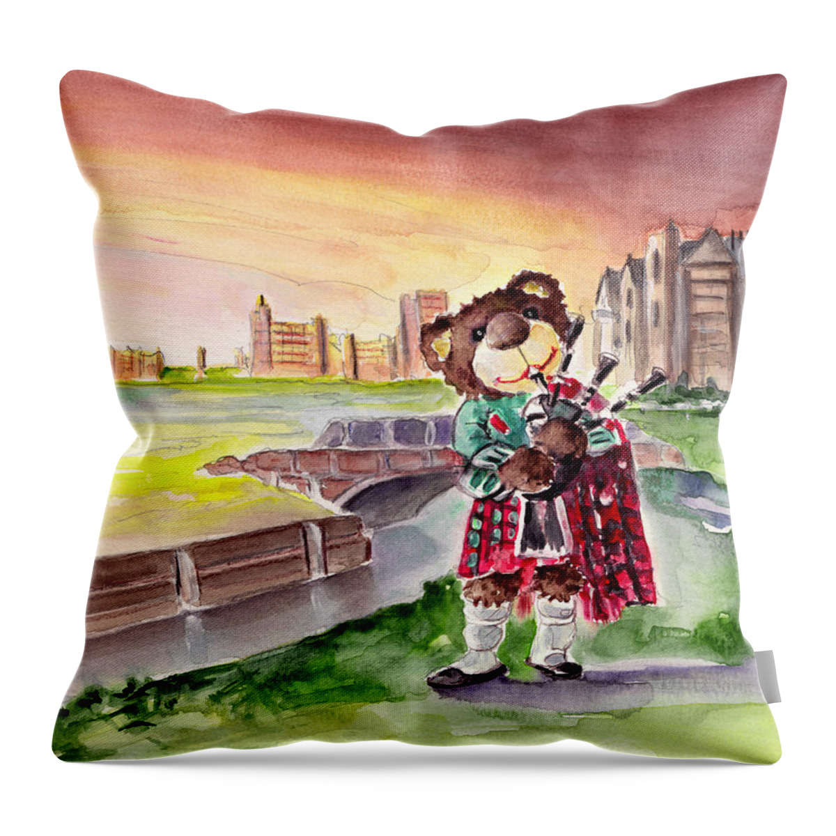 Animals Throw Pillow featuring the painting Truffle McFurry Playing The Bagpipes At St Andrews by Miki De Goodaboom