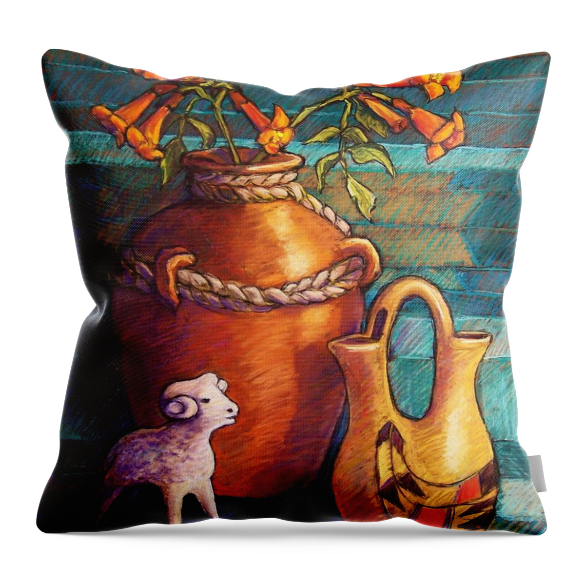 Still Life Throw Pillow featuring the pastel Trumpet Vines and Pottery by Candy Mayer