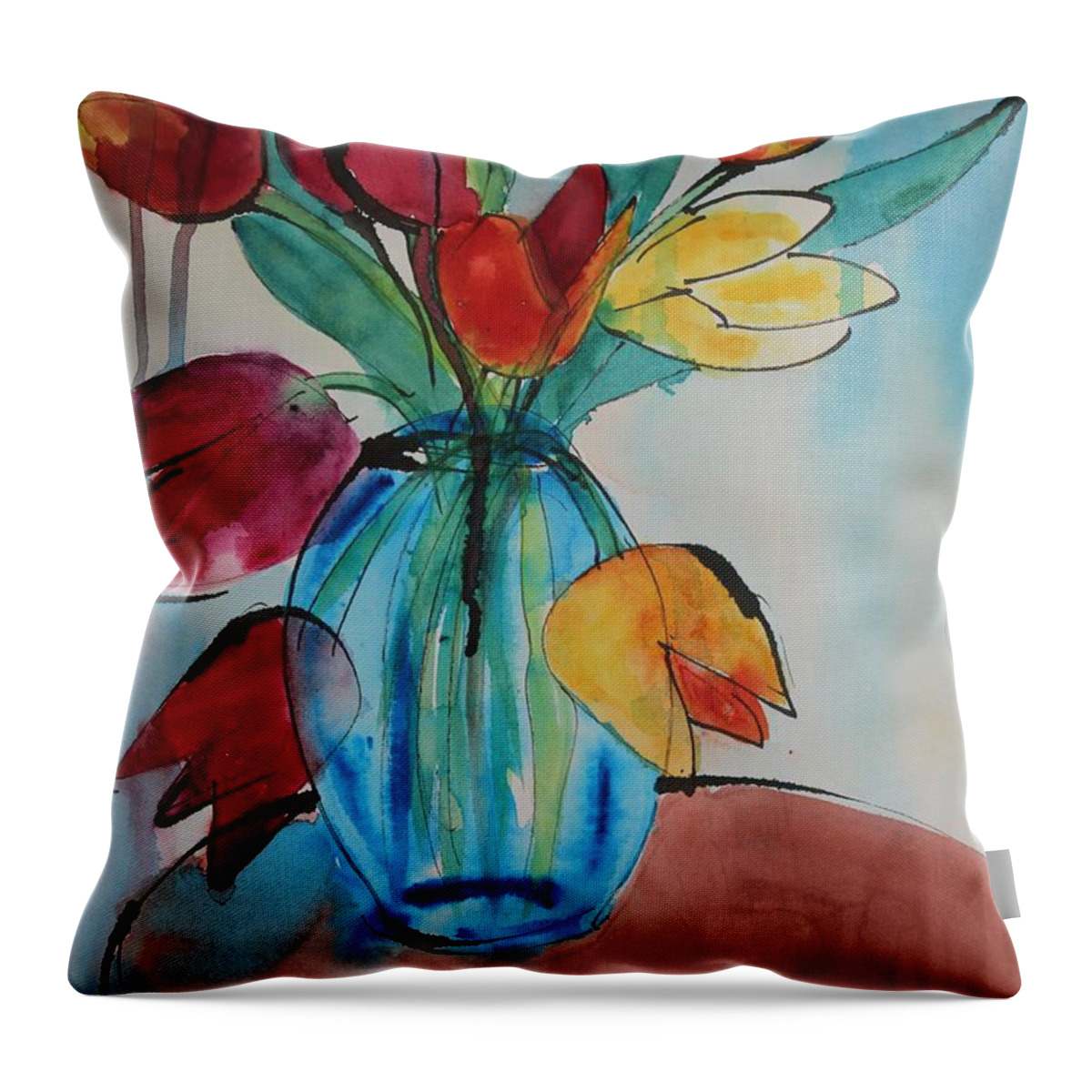 Tulips Throw Pillow featuring the painting Tulips in a Blue Glass Vase by Ruth Kamenev