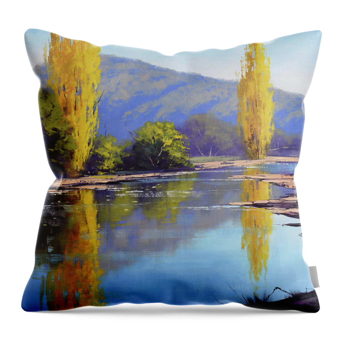 Colorful Throw Pillow featuring the painting Tumut River Poplars by Graham Gercken