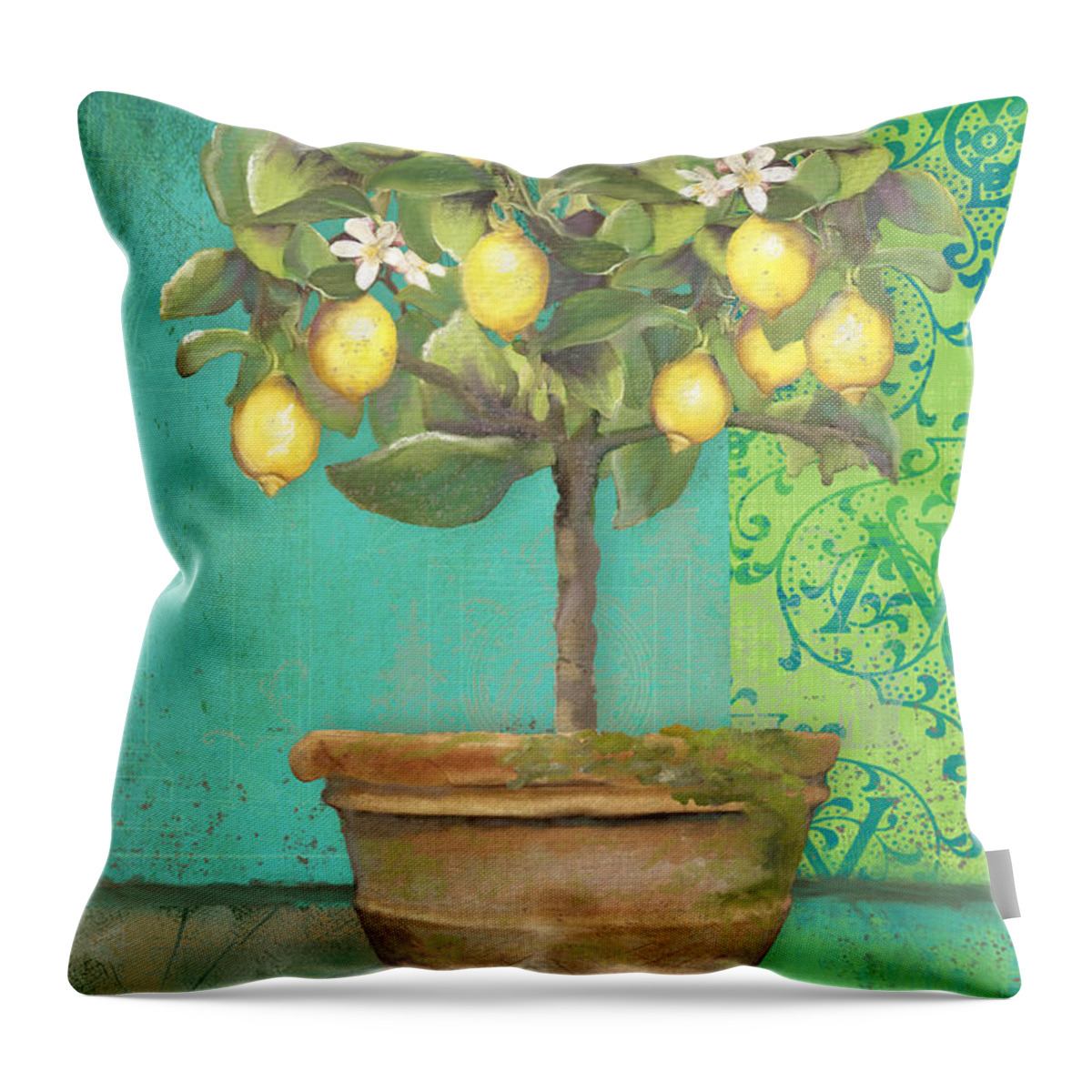 Tuscan Throw Pillow featuring the painting Tuscan Lemon Topiary - Damask Pattern 1 by Audrey Jeanne Roberts