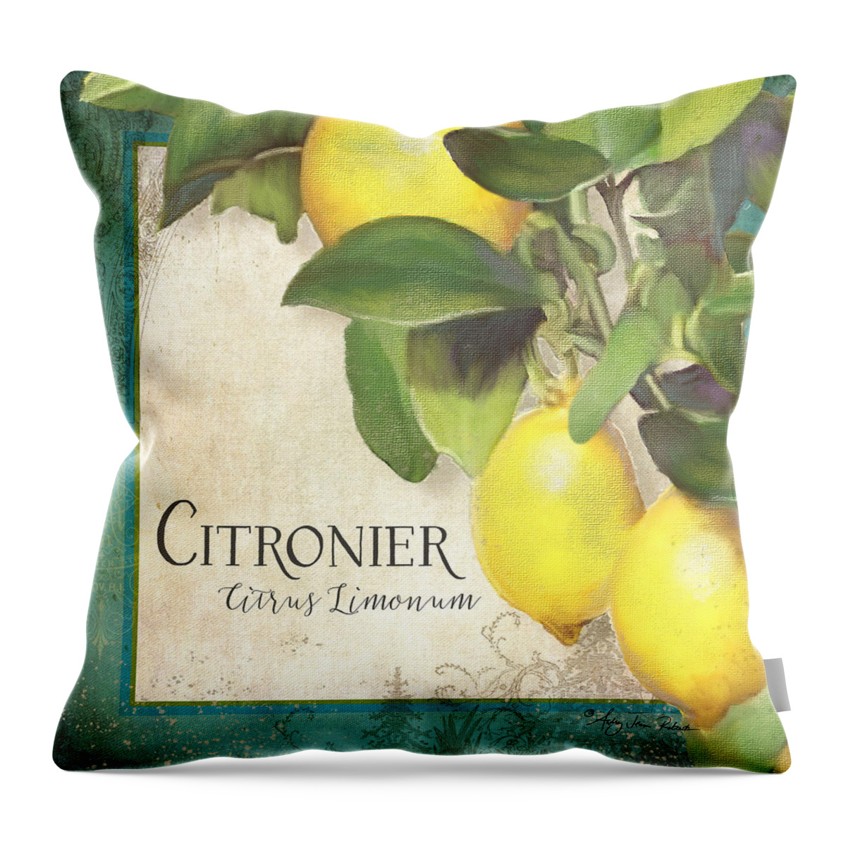 Lemon Throw Pillow featuring the painting Tuscan Lemon Tree - Citronier Citrus Limonum Vintage Style by Audrey Jeanne Roberts