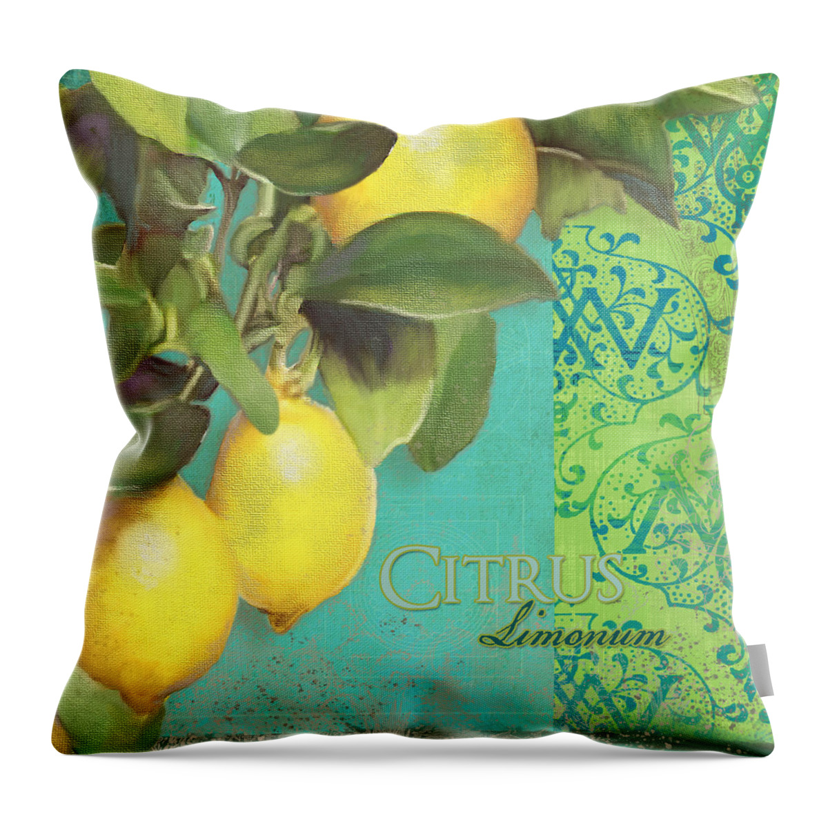 Tuscan Throw Pillow featuring the painting Tuscan Lemon Tree - Citrus Limonum Damask by Audrey Jeanne Roberts