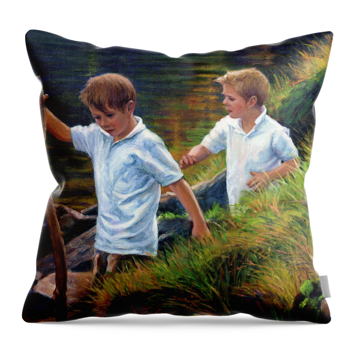 Farm Throw Pillow featuring the painting Two Boys Hiking by Marie Witte