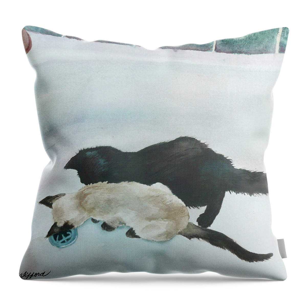Bathtub Painting Throw Pillow featuring the painting Two Cats in a Tub by Anne Gifford