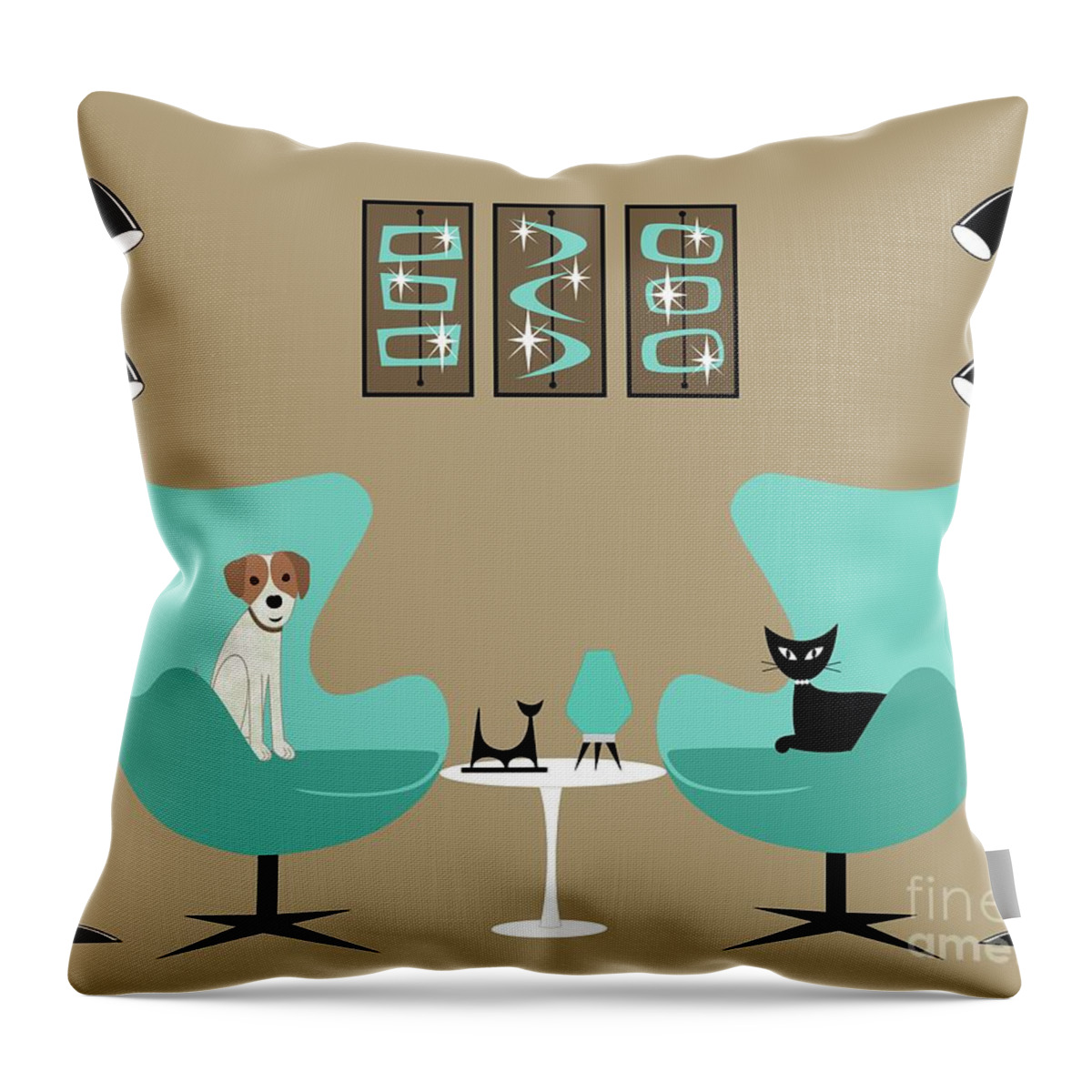 Mid Century Modern Throw Pillow featuring the digital art Two Egg Chairs with Dog and Cat by Donna Mibus