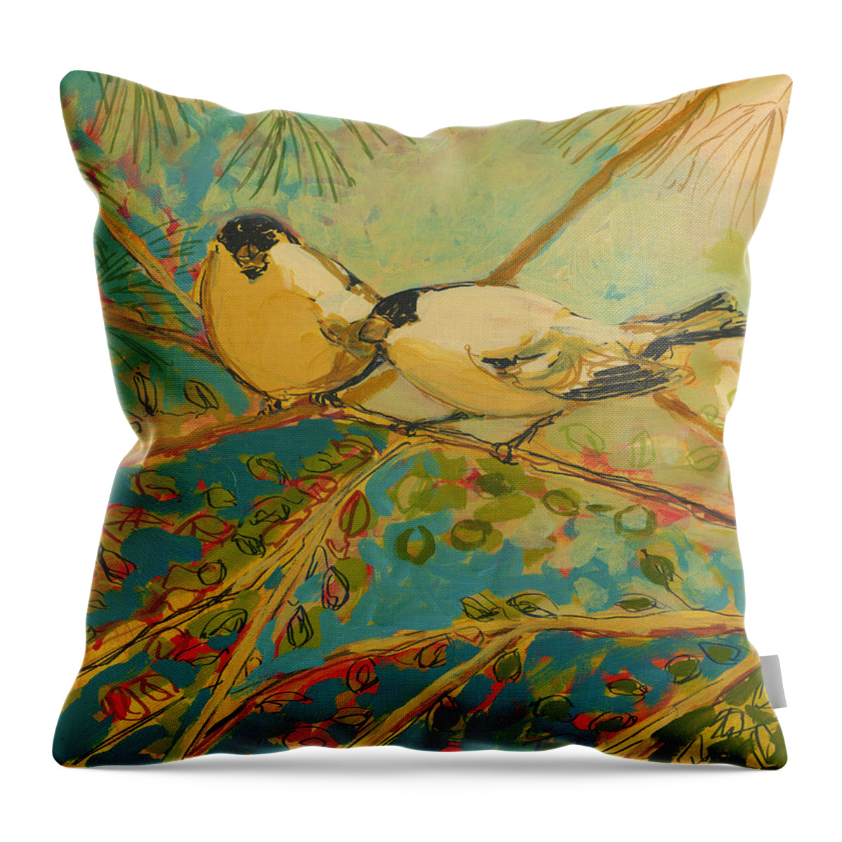 Bird Throw Pillow featuring the painting Two Goldfinch Found by Jennifer Lommers