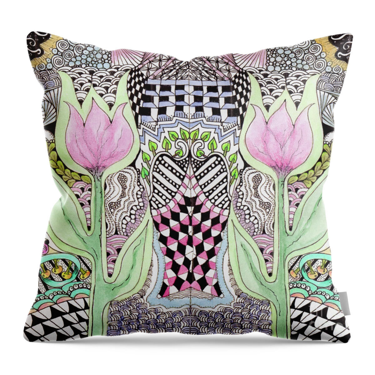 Tulips Flowers Watercolors Pen And Ink Zentangle Designs Throw Pillow featuring the painting Two Tulips by Ruth Dailey