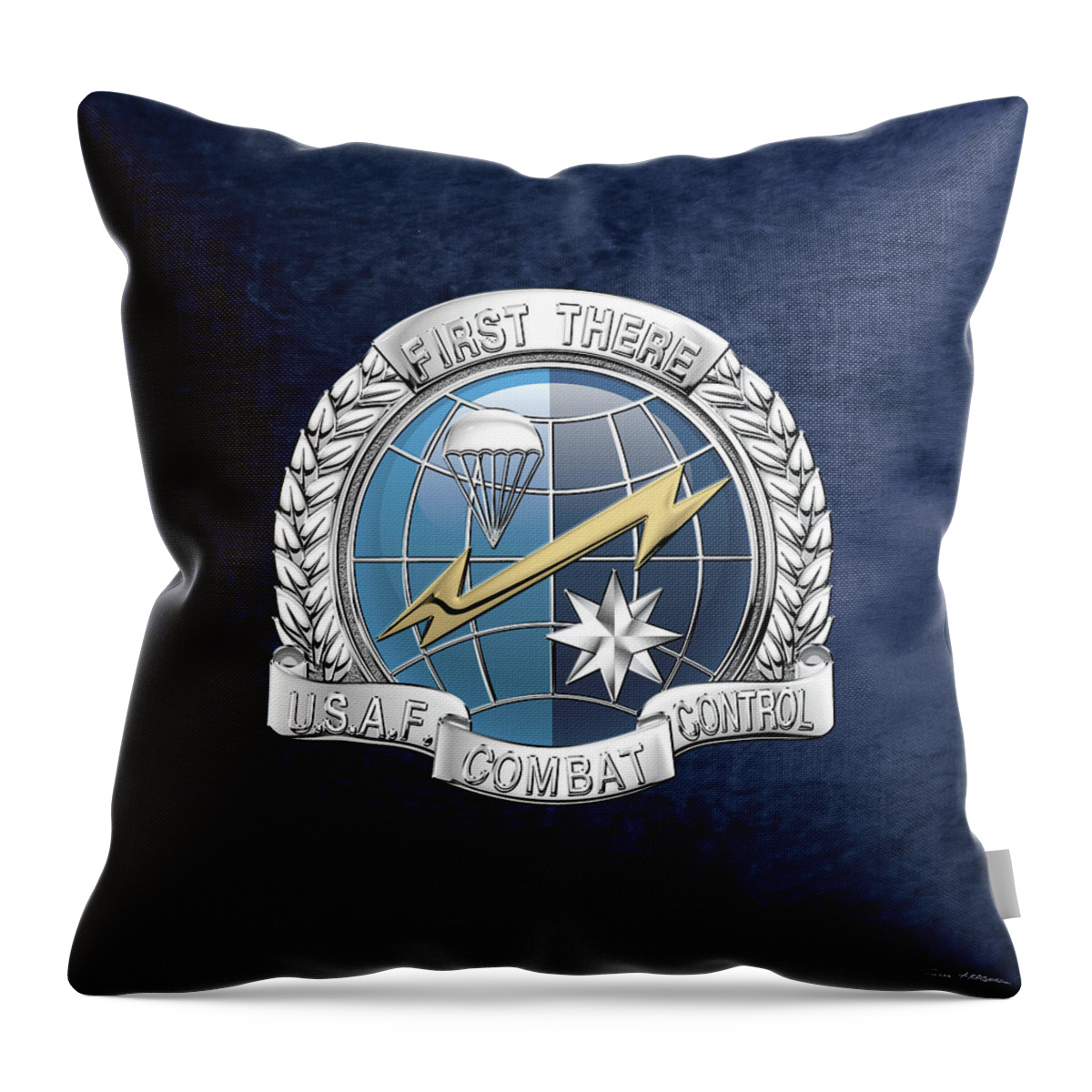 'military Insignia & Heraldry' Collection By Serge Averbukh Throw Pillow featuring the digital art U. S. Air Force Combat Control Teams - Combat Controller C C T Badge over Blue Velvet by Serge Averbukh