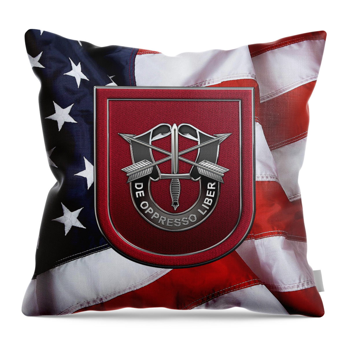 'u.s. Army Special Forces' Collection By Serge Averbukh Throw Pillow featuring the digital art U. S. Army 7th Special Forces Group - 7 S F G Beret Flash over American Flag by Serge Averbukh