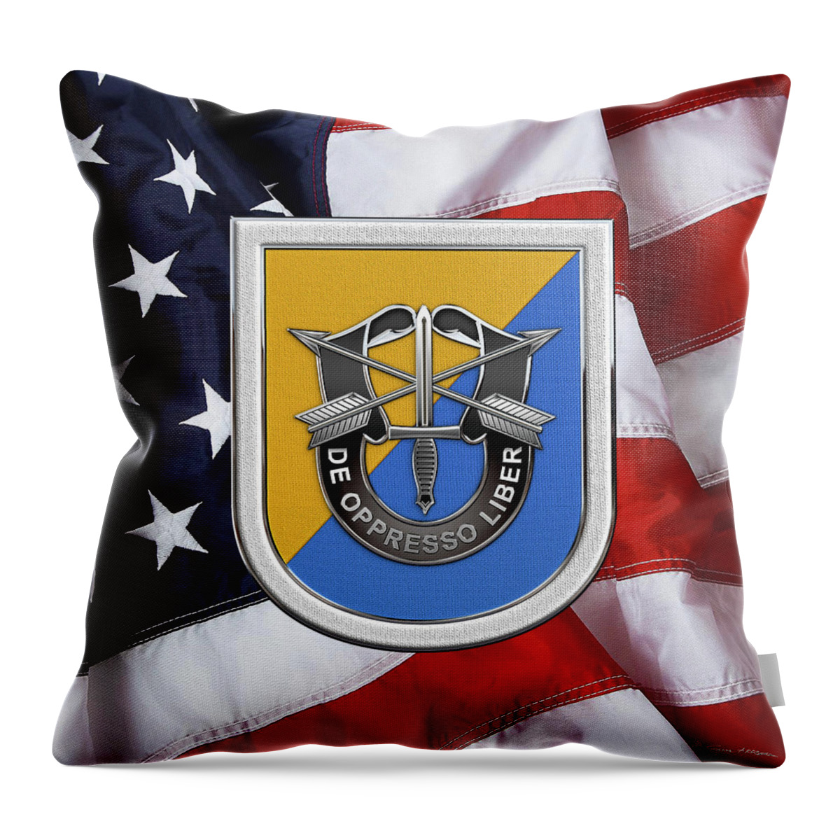 'u.s. Army Special Forces' Collection By Serge Averbukh Throw Pillow featuring the digital art U. S. Army 8th Special Forces Group - 8 S F G Beret Flash over American Flag by Serge Averbukh