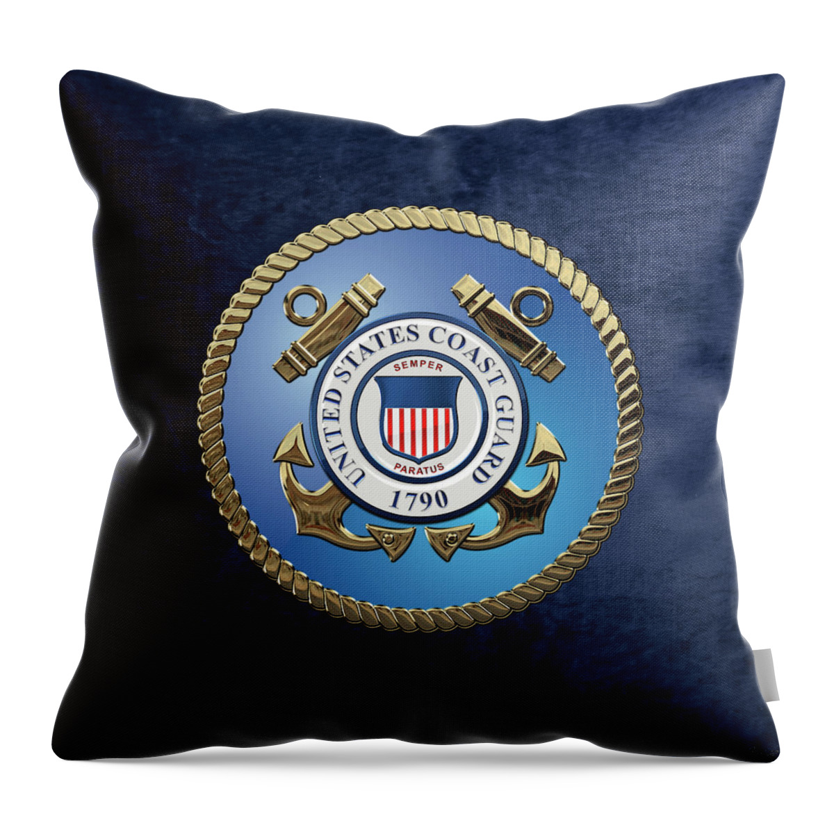 'military Insignia & Heraldry 3d' Collection By Serge Averbukh Throw Pillow featuring the digital art U. S. Coast Guard - U S C G Emblem over Blue Velvet by Serge Averbukh