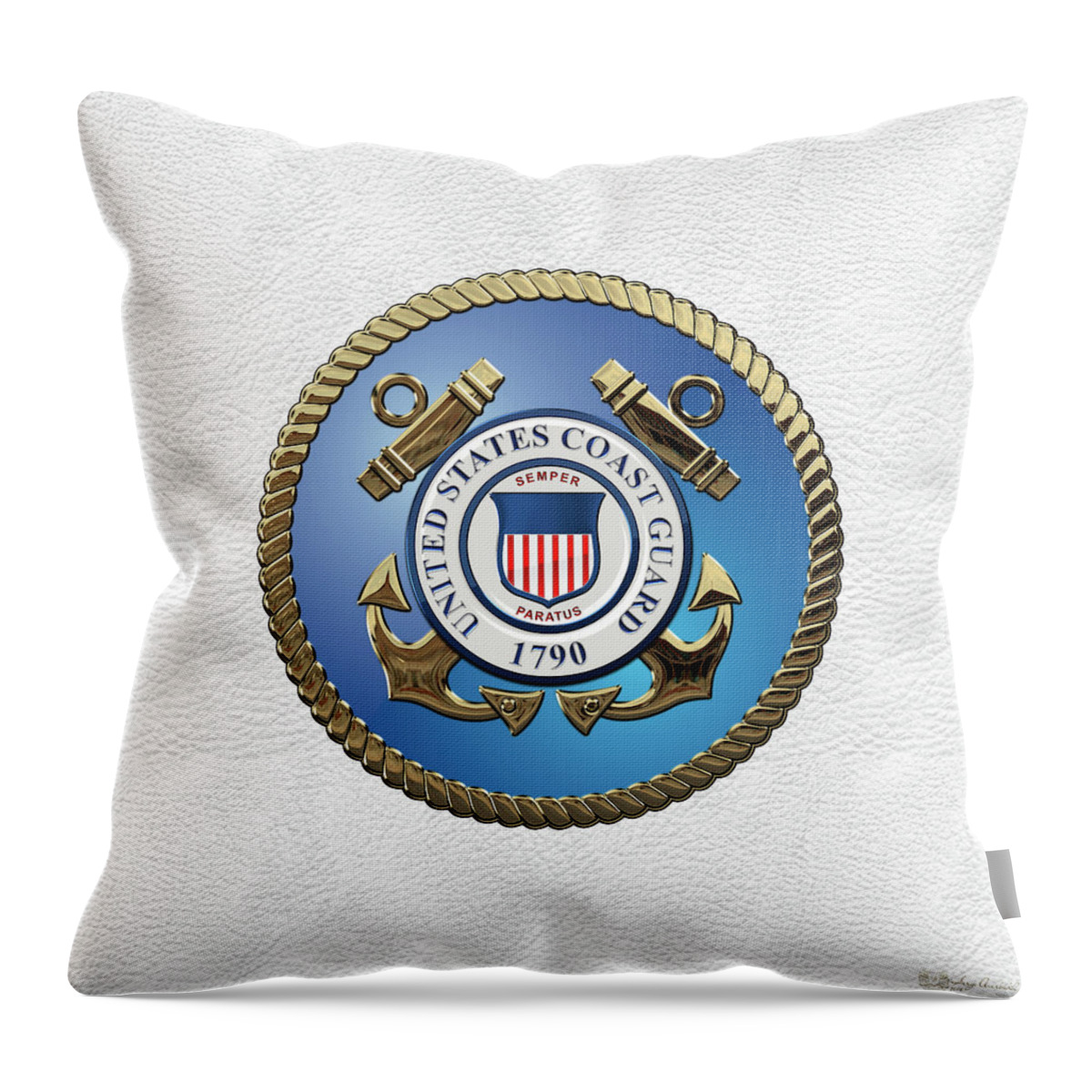 'military Insignia & Heraldry 3d' Collection By Serge Averbukh Throw Pillow featuring the digital art U. S. Coast Guard - U S C G Emblem over White Leather by Serge Averbukh
