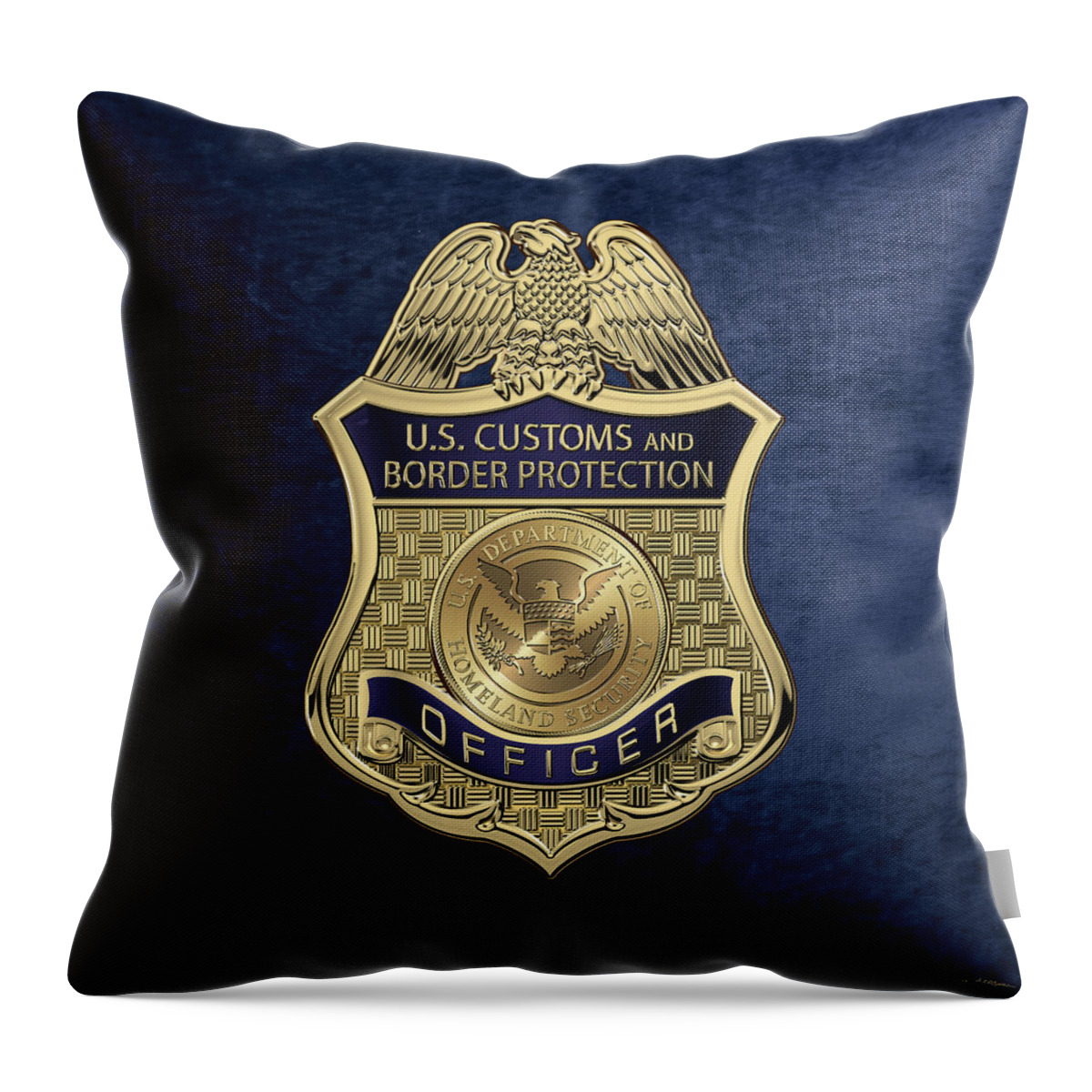 'law Enforcement Insignia & Heraldry' Collection By Serge Averbukh Throw Pillow featuring the digital art U. S. Customs and Border Protection - C B P Officer Badge over Blue Velvet by Serge Averbukh