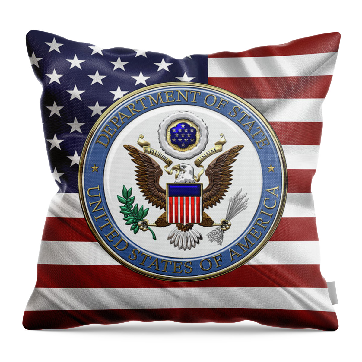 �insignia 3d� By Serge Averbukh Throw Pillow featuring the digital art U. S. Department of State - Emblem over American Flag by Serge Averbukh