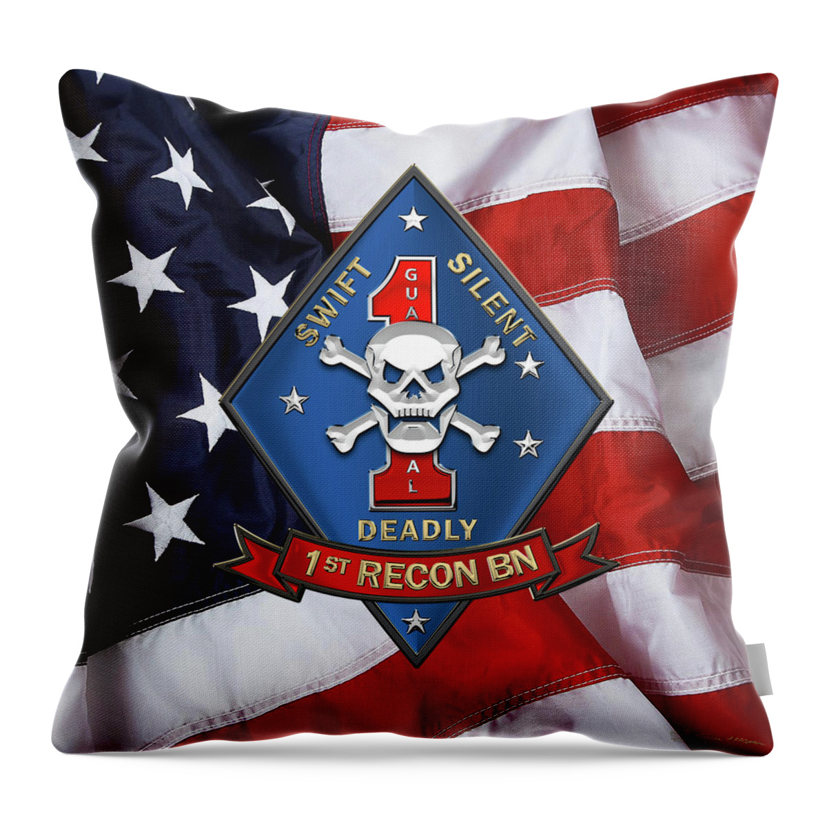 'military Insignia & Heraldry' Collection By Serge Averbukh Throw Pillow featuring the digital art U S M C 1st Reconnaissance Battalion - 1st Recon Bn Insignia over American Flag by Serge Averbukh