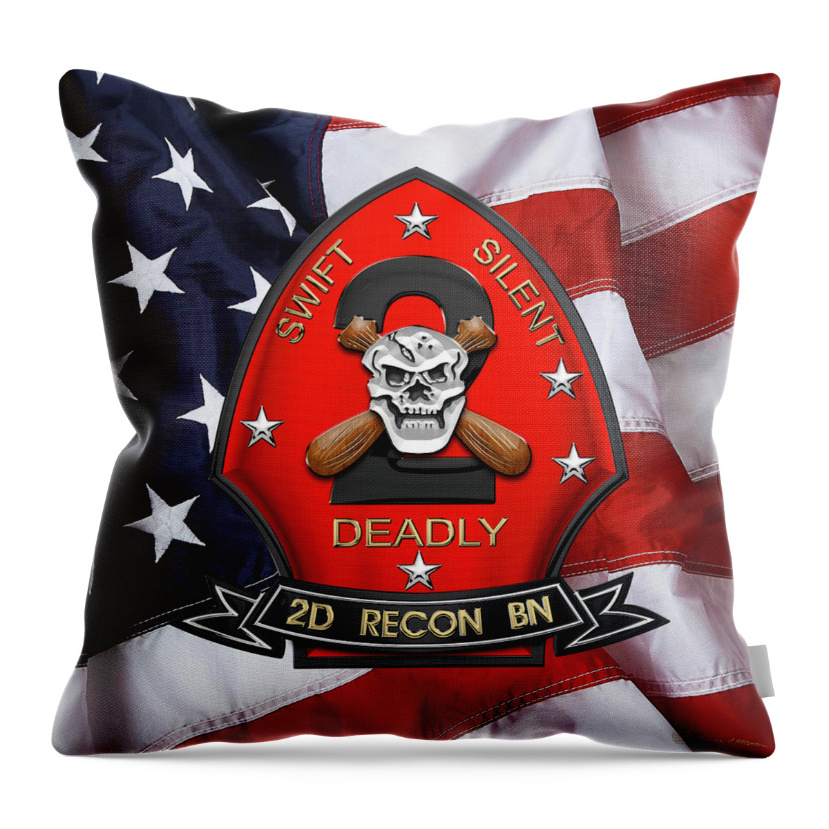 'military Insignia & Heraldry' Collection By Serge Averbukh Throw Pillow featuring the digital art U S M C 2nd Reconnaissance Battalion - 2nd Recon Bn Insignia over American Flag by Serge Averbukh