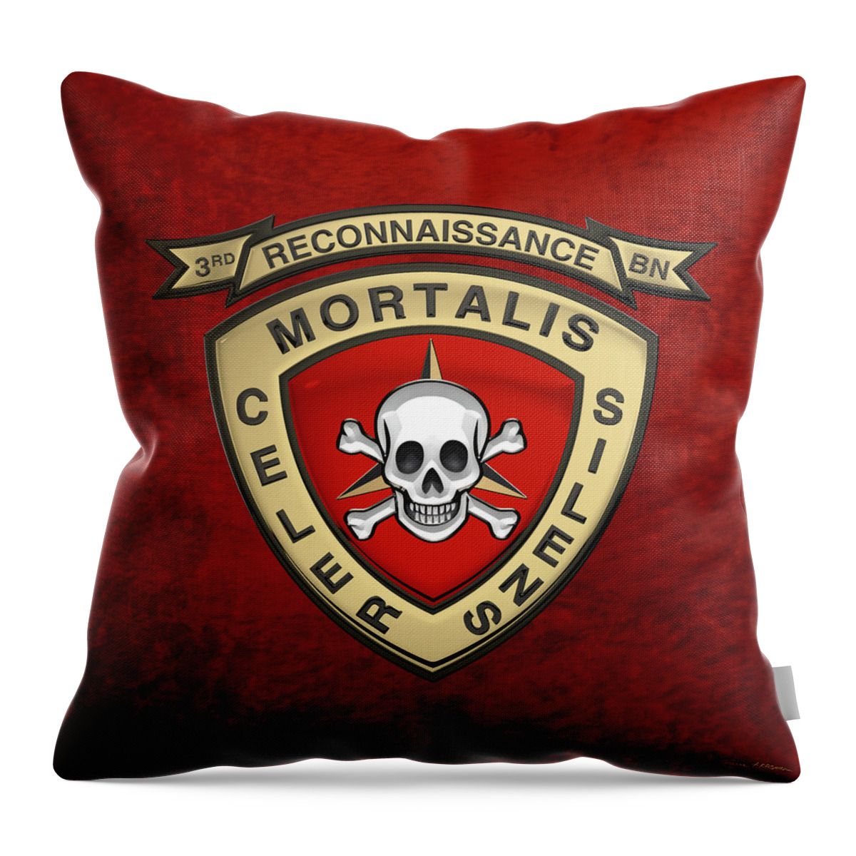 'military Insignia & Heraldry' Collection By Serge Averbukh Throw Pillow featuring the digital art U S M C 3rd Reconnaissance Battalion - 3rd Recon Bn Insignia over Red Velvet by Serge Averbukh