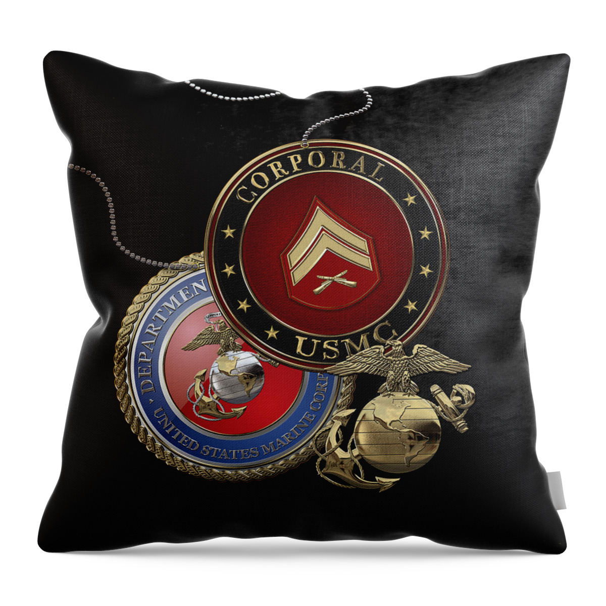 �military Insignia 3d� By Serge Averbukh Throw Pillow featuring the digital art U. S. Marines Corporal Rank Insignia over Black Velvet by Serge Averbukh