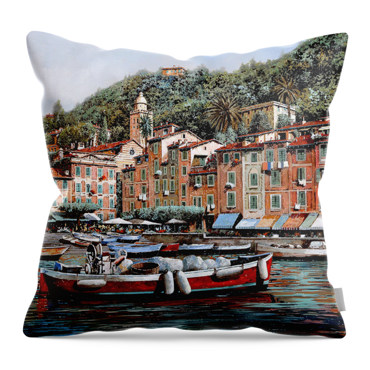 Portofino Throw Pillow featuring the painting Una Lunga Barca Rossa by Guido Borelli