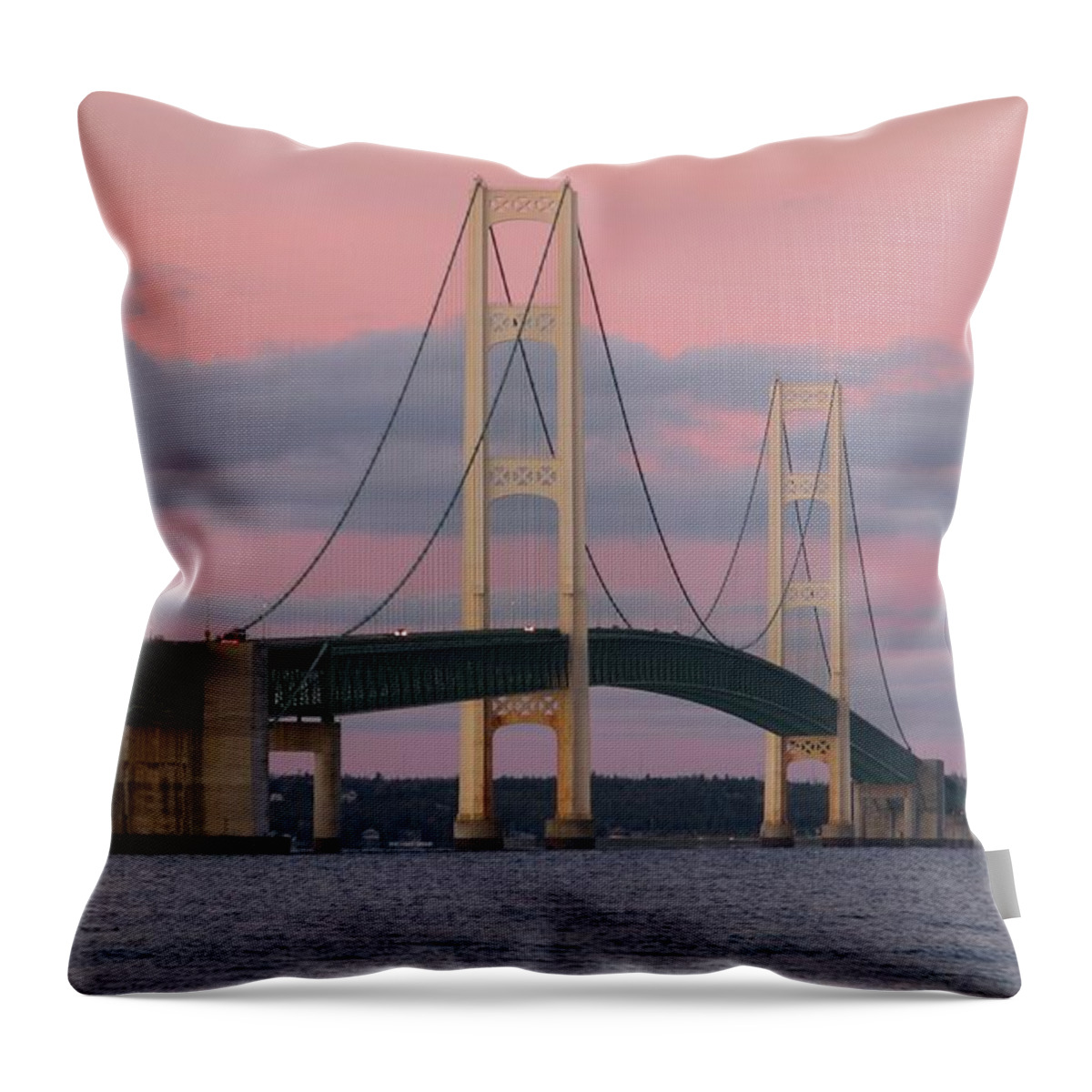 Mackinac Bridge Throw Pillow featuring the photograph Under a Rose Colored Sky by Keith Stokes